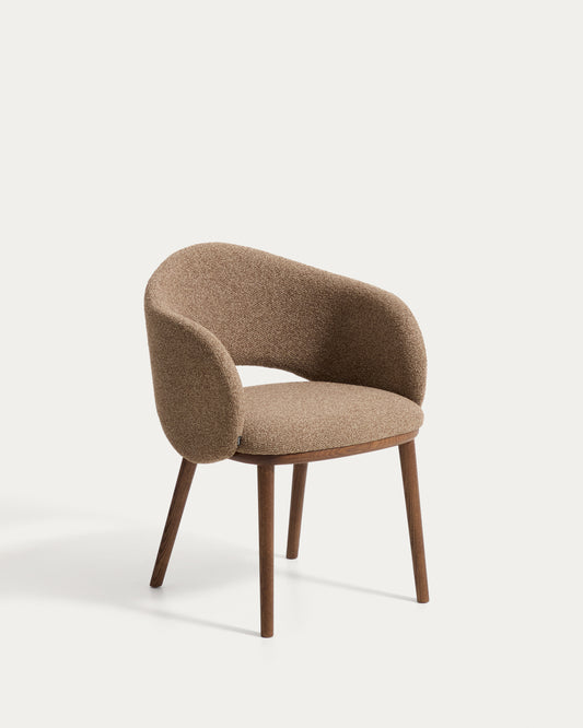 Maina chair in thick brown chenille with solid ash wood legs and a walnut-tone finish, FSC Mix Credit