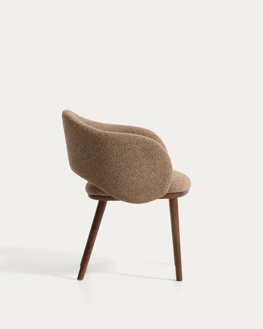 Maina chair in thick brown chenille with solid ash wood legs and a walnut-tone finish, FSC Mix Credit