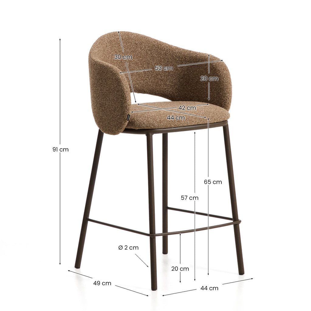 Tabouret Maina en chenille épaisse marron avec pieds en acier finition marron FSC Mix Credit 65 cm