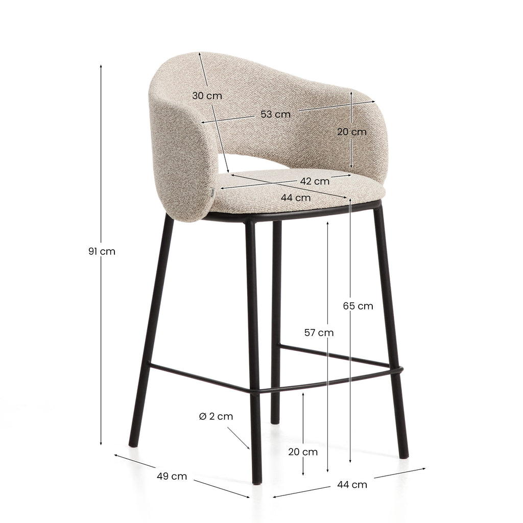 Tabouret Maina en chenille épaisse beige avec pieds en acier finition noire FSC Mix Credit 65 cm