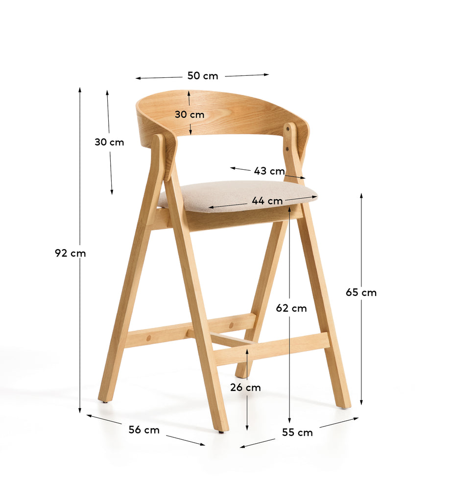 Godia stool in oak veneer with natural finish and beige chenille