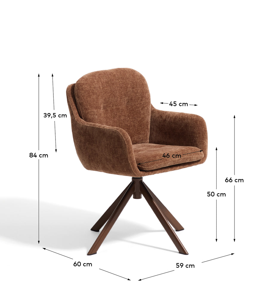 Lexa swivel chair in caramel chenille and steel legs in a caramel finish