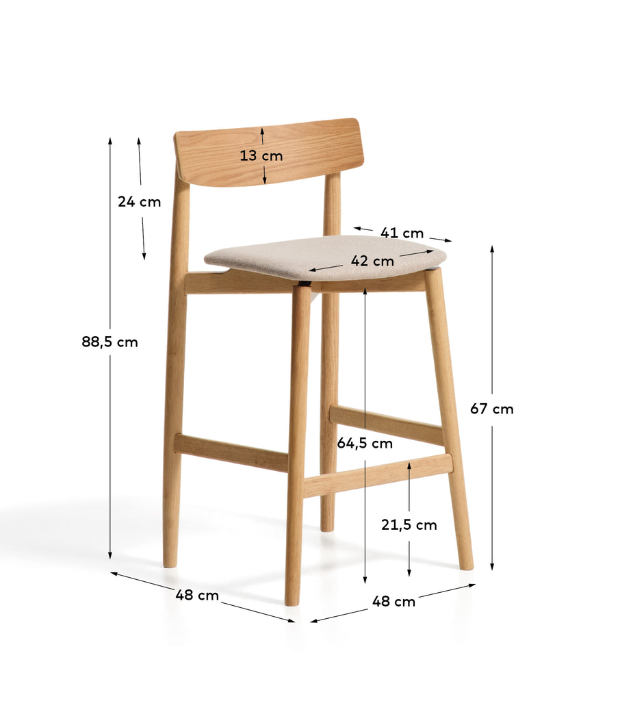 Evera stool with backrest in oak veneer with natural finish and beige chenille 65cm