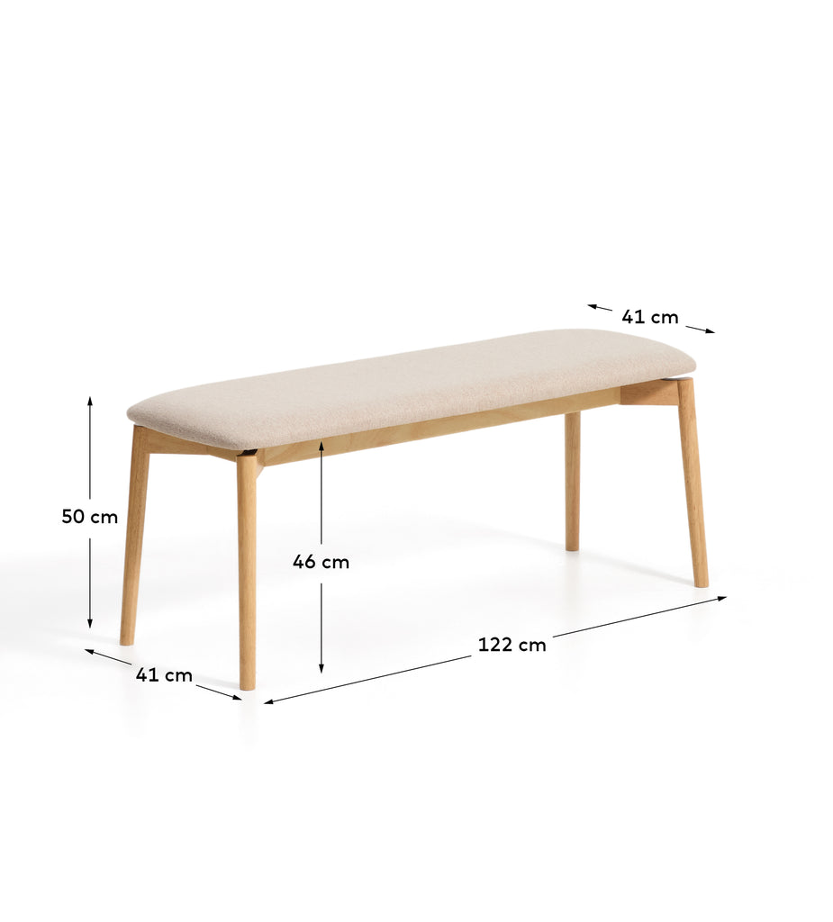 Evera bench in oak veneer with natural finish and beige chenille 122cm