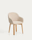 Meila chair with armrests in beige chenille with legs in solid ash wood with natural finish 