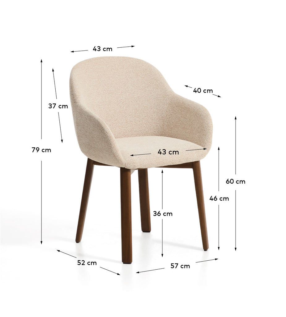 Meila chair with armrests in beige chenille with legs in solid ash wood with walnut finish