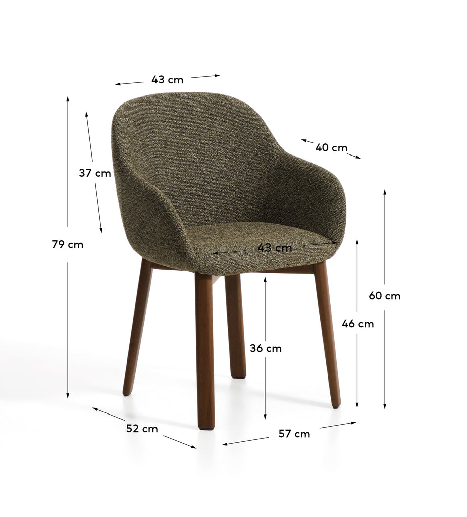 Meila chair with armrests in green chenille with legs in solid ash wood with walnut finish