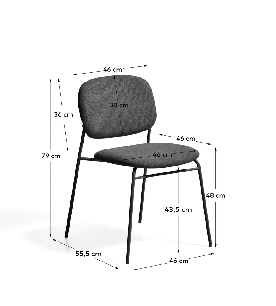 Meli stackable chair in grey chenille with grey metal legs FSC Mix Credit