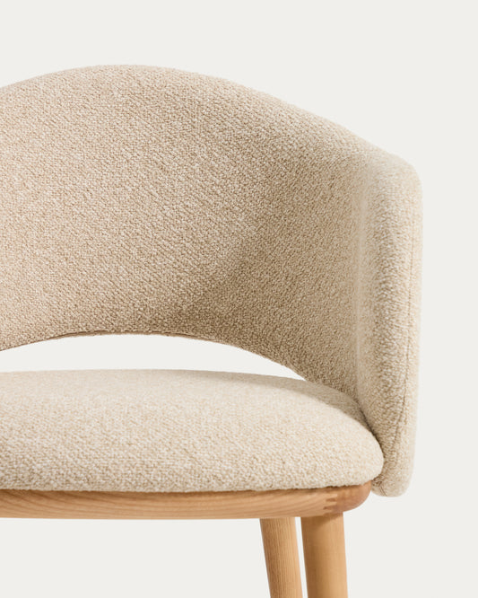 Maina chair in thick beige chenille with solid ash wood legs and a natural-tone finish, FSC Mix Credit