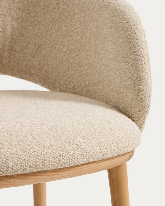 Maina chair in thick beige chenille with solid ash wood legs and a natural-tone finish, FSC Mix Credit
