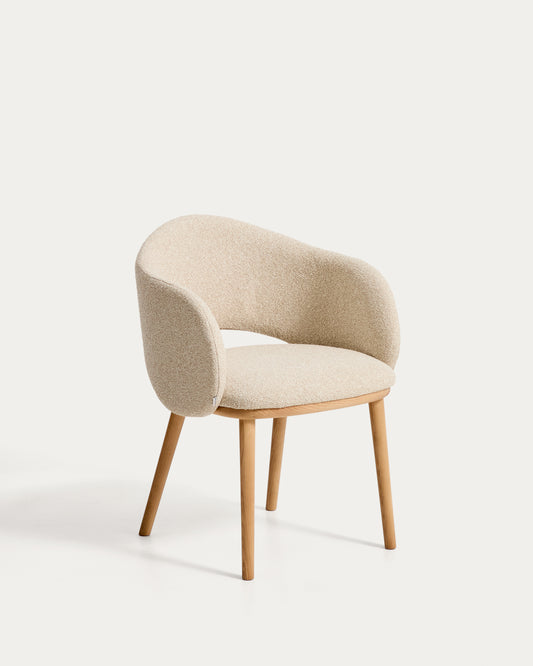 Maina chair in thick beige chenille with solid ash wood legs and a natural-tone finish, FSC Mix Credit