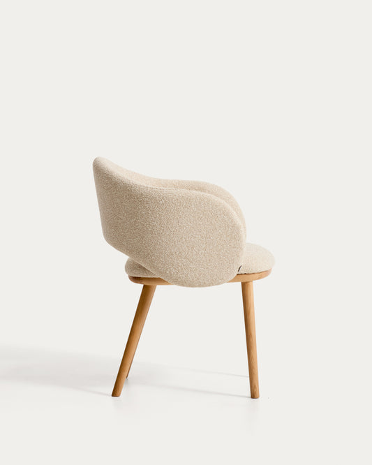 Maina chair in thick beige chenille with solid ash wood legs and a natural-tone finish, FSC Mix Credit