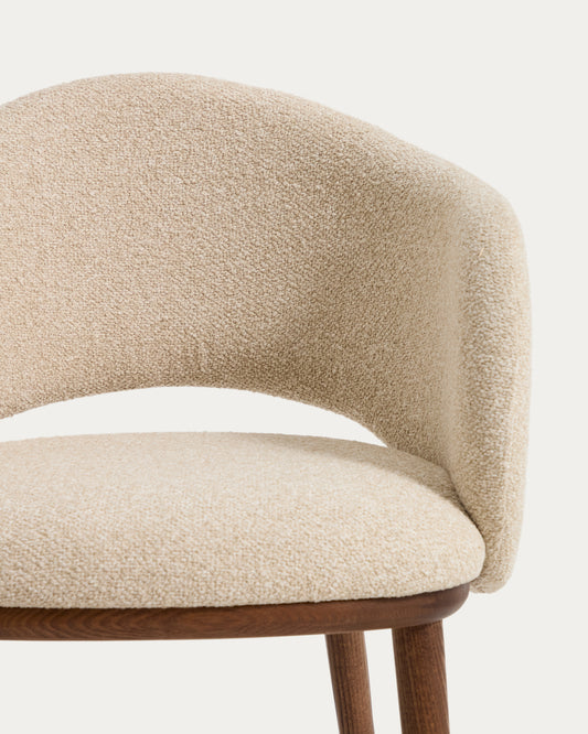 Maina chair in thick beige chenille with solid ash wood legs and a walnut-tone finish, FSC Mix Credit