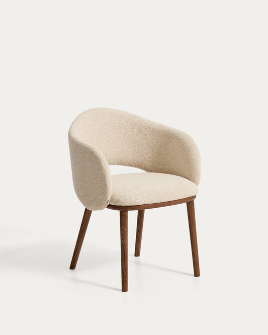 Maina chair in thick beige chenille with solid ash wood legs and a walnut-tone finish, FSC Mix Credit