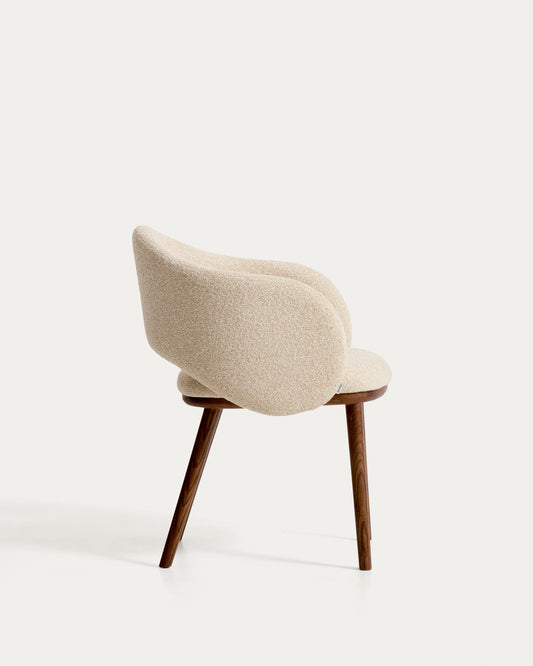 Maina chair in thick beige chenille with solid ash wood legs and a walnut-tone finish, FSC Mix Credit