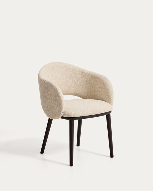 Maina chair in thick beige chenille with solid ash wood legs and a ebonised finish, FSC Mix Credit