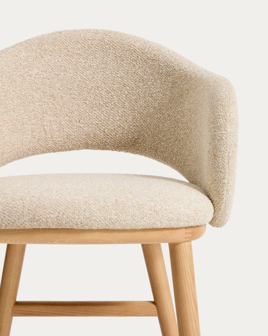 Maina stool in thick beige chenille with solid ash wood legs and a natural-tone finish, FSC Mix Credit 65 cm