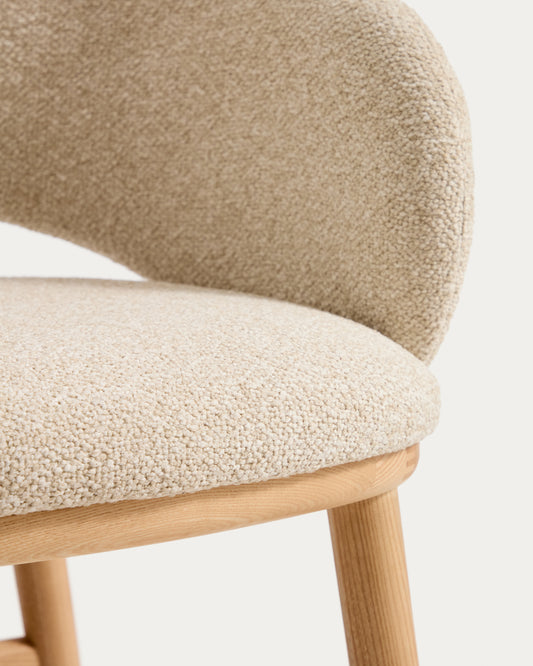 Maina stool in thick beige chenille with solid ash wood legs and a natural-tone finish, FSC Mix Credit 65 cm