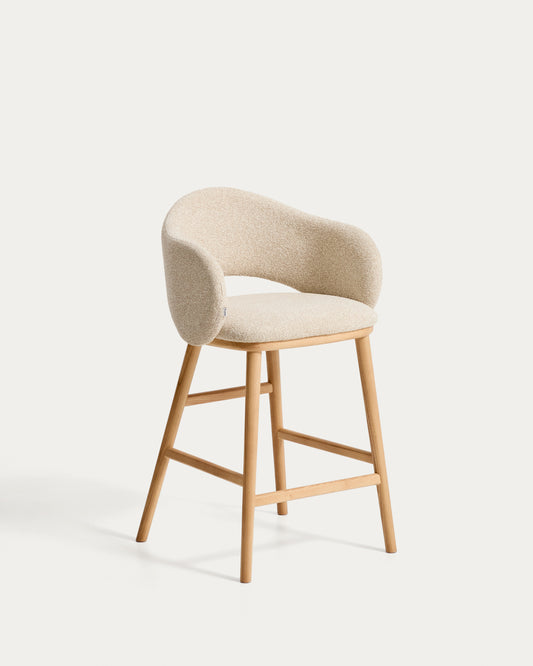 Maina stool in thick beige chenille with solid ash wood legs and a natural-tone finish, FSC Mix Credit 65 cm