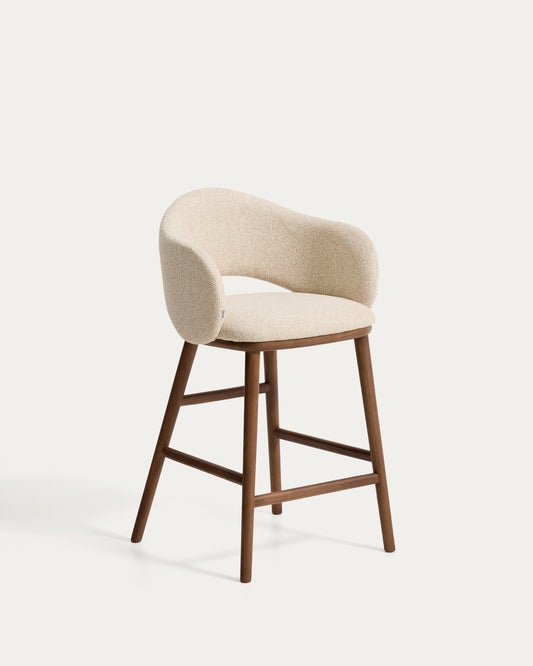 Maina stool in thick beige chenille with solid ash wood legs and a walnut-tone finish, FSC Mix Credit 65 cm
