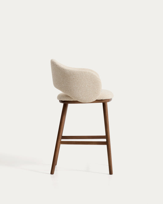 Maina stool in thick beige chenille with solid ash wood legs and a walnut-tone finish, FSC Mix Credit 65 cm