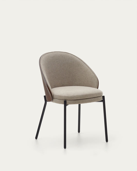 Chaise Eamy en chenille marron clair avec placage de frêne finition noyer et métal noir