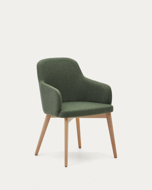 Chaise Nelida en tissu chenille vert et bois de hêtre, finition naturelle FSC 100 %