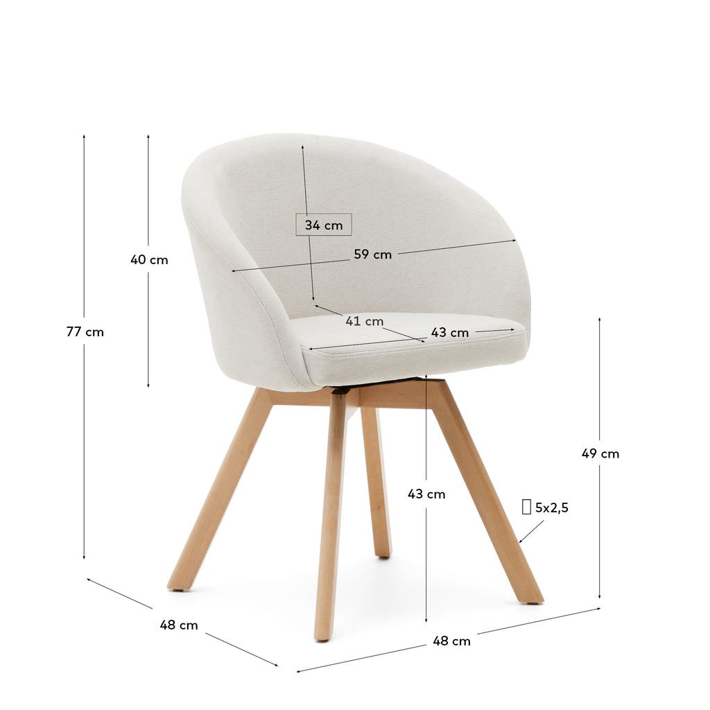Chaise giratoire Marvin chenille beige et pieds en bois de hêtre finition naturelle FSC 100%