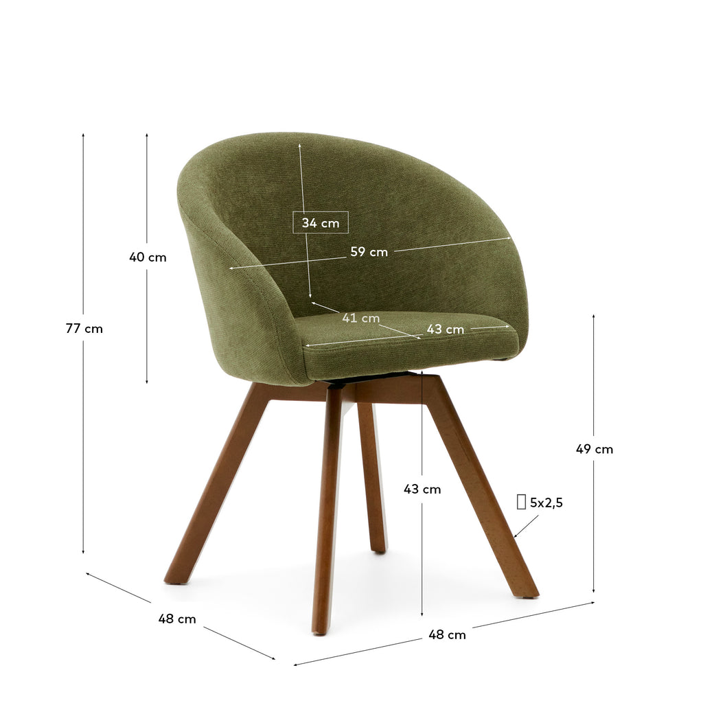 Chaise giratoire Marvin en chenille verte et pieds en bois de chêne finition noyer FSC 100%