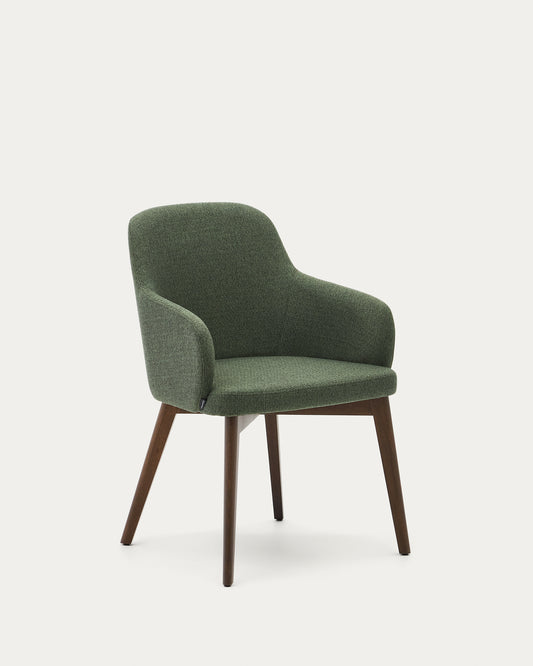 Chaise Nelida en tissu chenille vert et bois de hêtre, finition noyer FSC 100 %