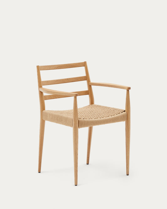 Chaise Analy avec accoudoirs en bois de chêne, finition naturelle FSC 100 % assise en corde