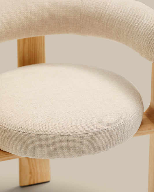 Granite 3-legged chair in beige chenille and solid ash wood in a natural tone finish FSC 100%