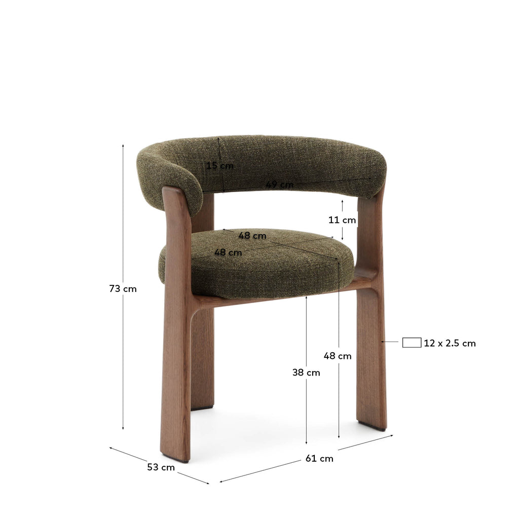 Granite 3-legged chair in green chenille and with solid ash wood in a walnut finish FSC 100%