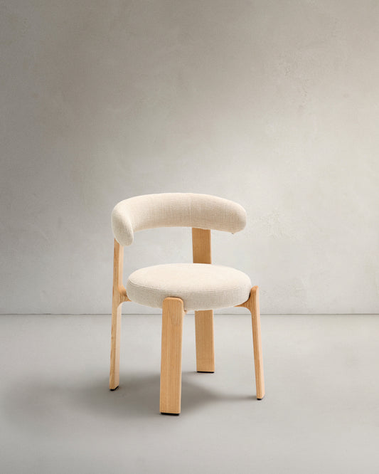 Granite chair in beige chenille and with solid ash wood in a natural tone finish FSC 100%