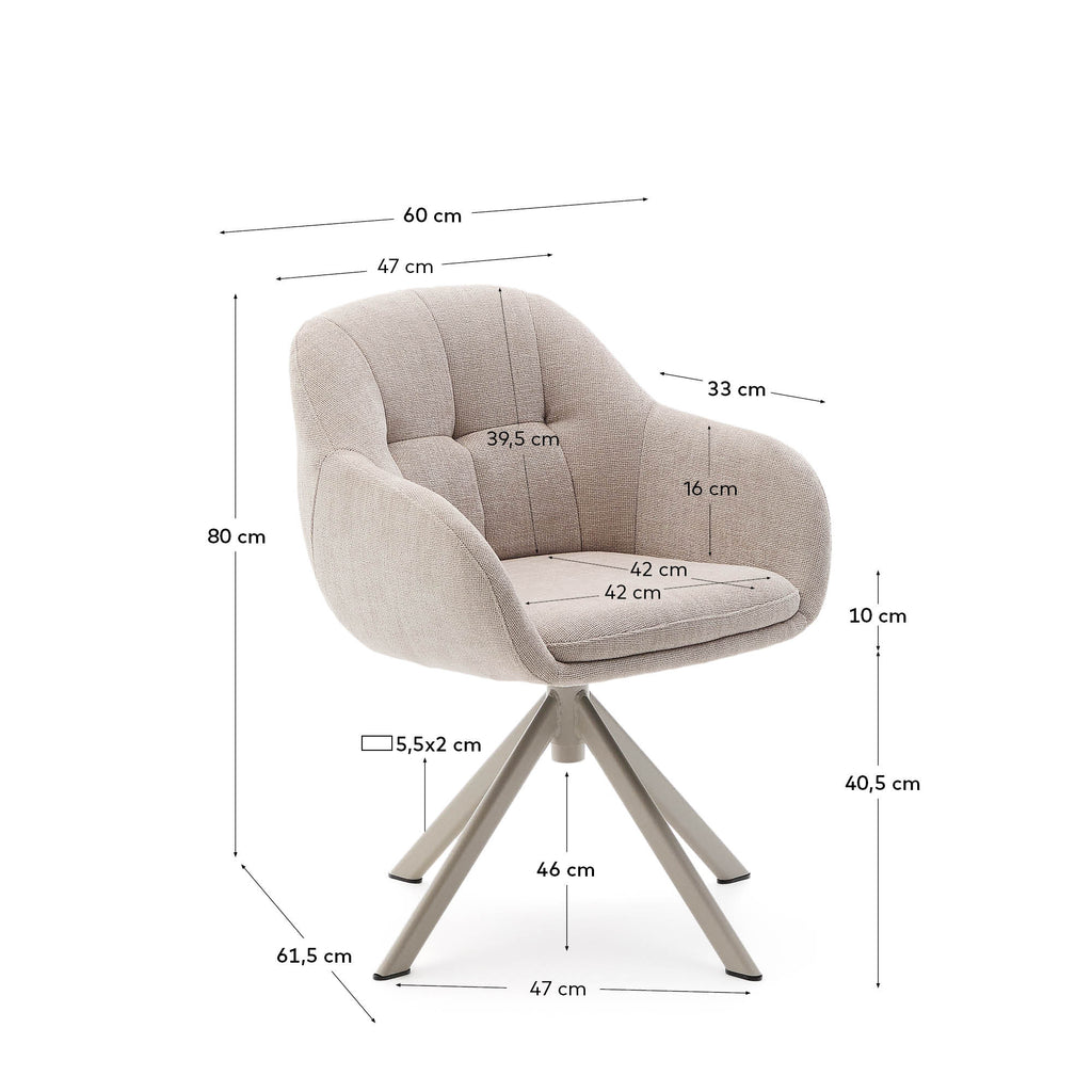 Chaise pivotante Dorina en tissu chenille beige et pieds en acier finition beige