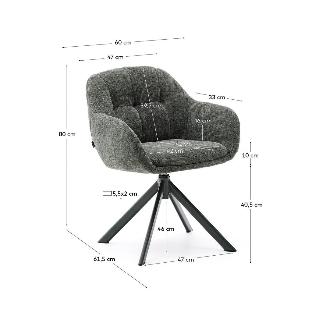 Chaise pivotante Dorina en tissu chenille vert et pieds en acier finition verte