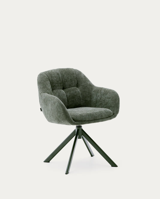 Chaise pivotante Dorina en tissu chenille vert et pieds en acier finition verte