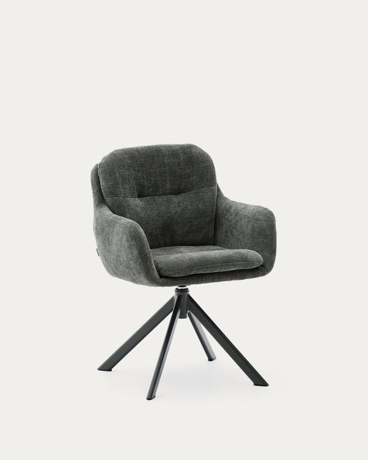 Chaise pivotante Lexa en tissu chenille vert et pieds en acier finition verte
