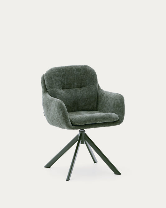 Chaise pivotante Lexa en tissu chenille vert et pieds en acier finition verte
