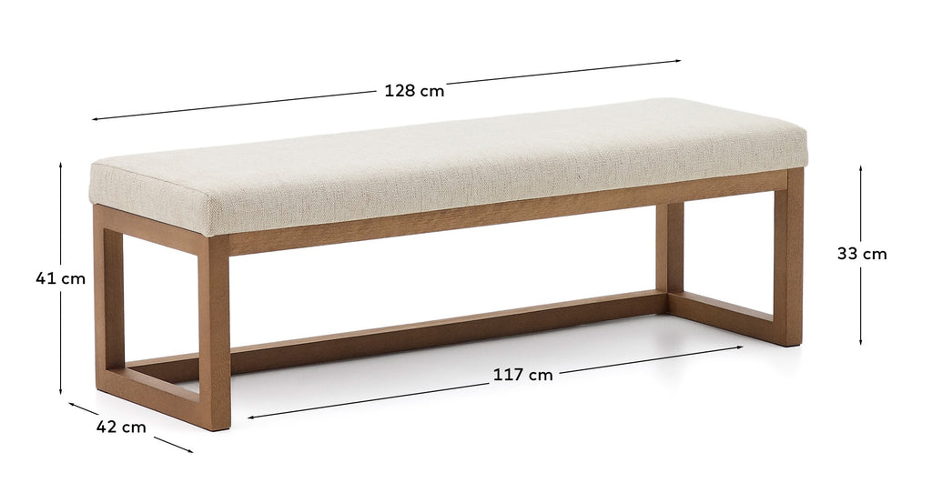 Banquette Loya en chenille beige et bois de hêtre avec finition en ton noyer 128 cm