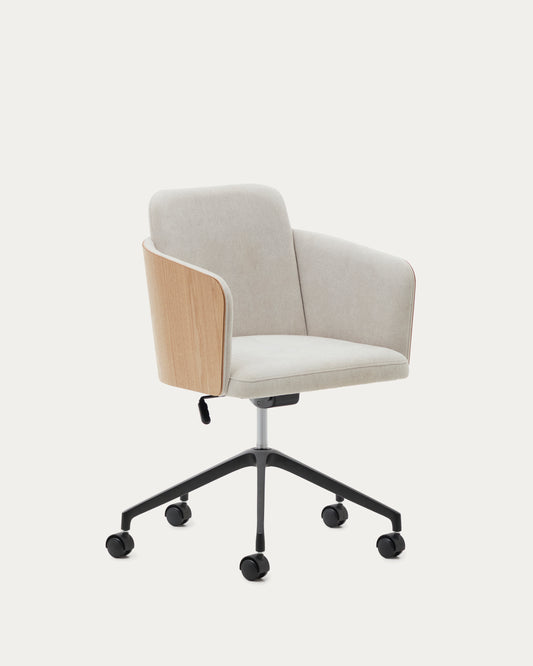 Chaise de bureau Madai en chenille beige et placage de frêne avec finition ton naturel FSC Mix Credit