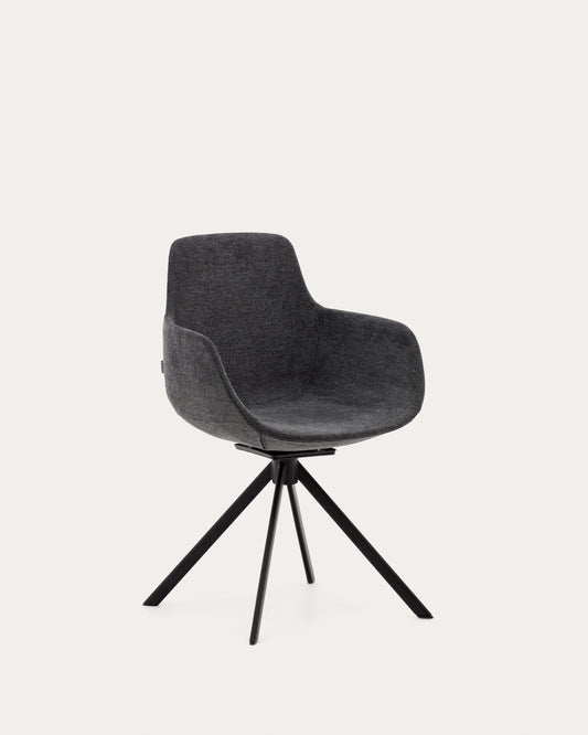 Chaise giratoire auto-retour  Tissiana en chenille gris foncé et aluminium noir mat