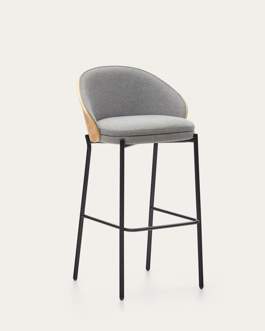 Tabouret Eamy en tissu chenille gris clair placage de frêne naturel et métal noir hauteur 75 cm