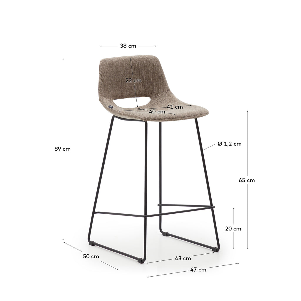 Zahara bar stool in brown with steel legs in black finish, height 65 cm FSC 100%