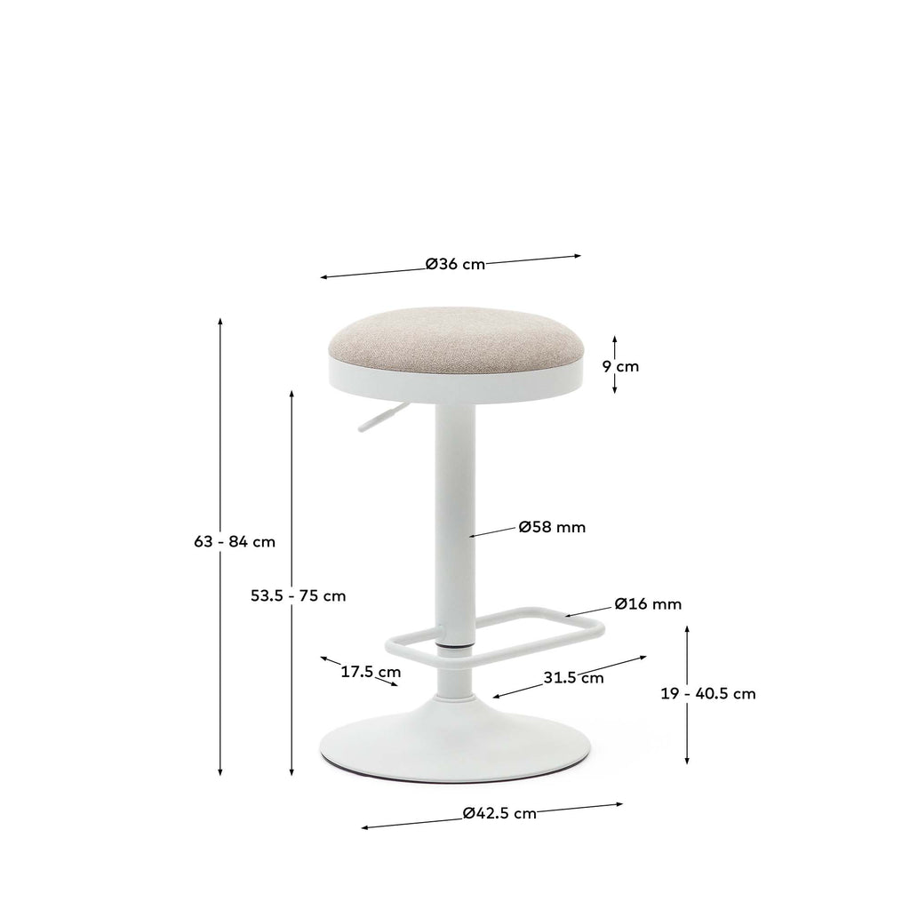 Zaib stool in beige chenille and matt white steel height 63-84 cm FSC 100%