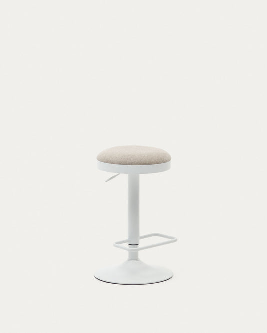 Tabouret Zaib en chenille beige et acier blanc mat hauteur 63-84 cm FSC 100%