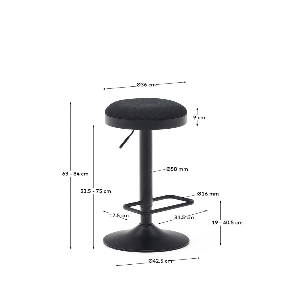 Tabouret Zaib en chenille noir et acier noir mat hauteur 63-84 cm FSC 100%