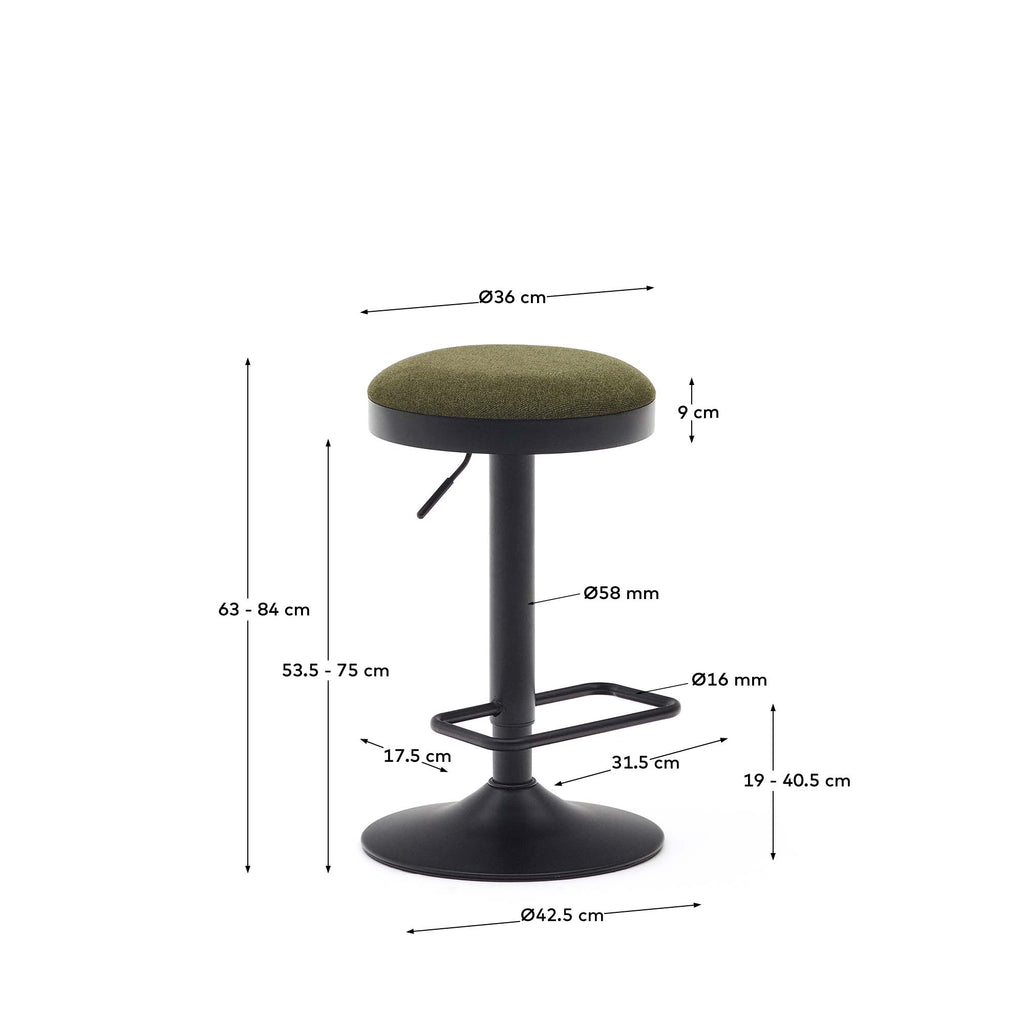 Tabouret Zaib en chenille vert foncé et acier noir mat hauteur 63-84 cm FSC 100%