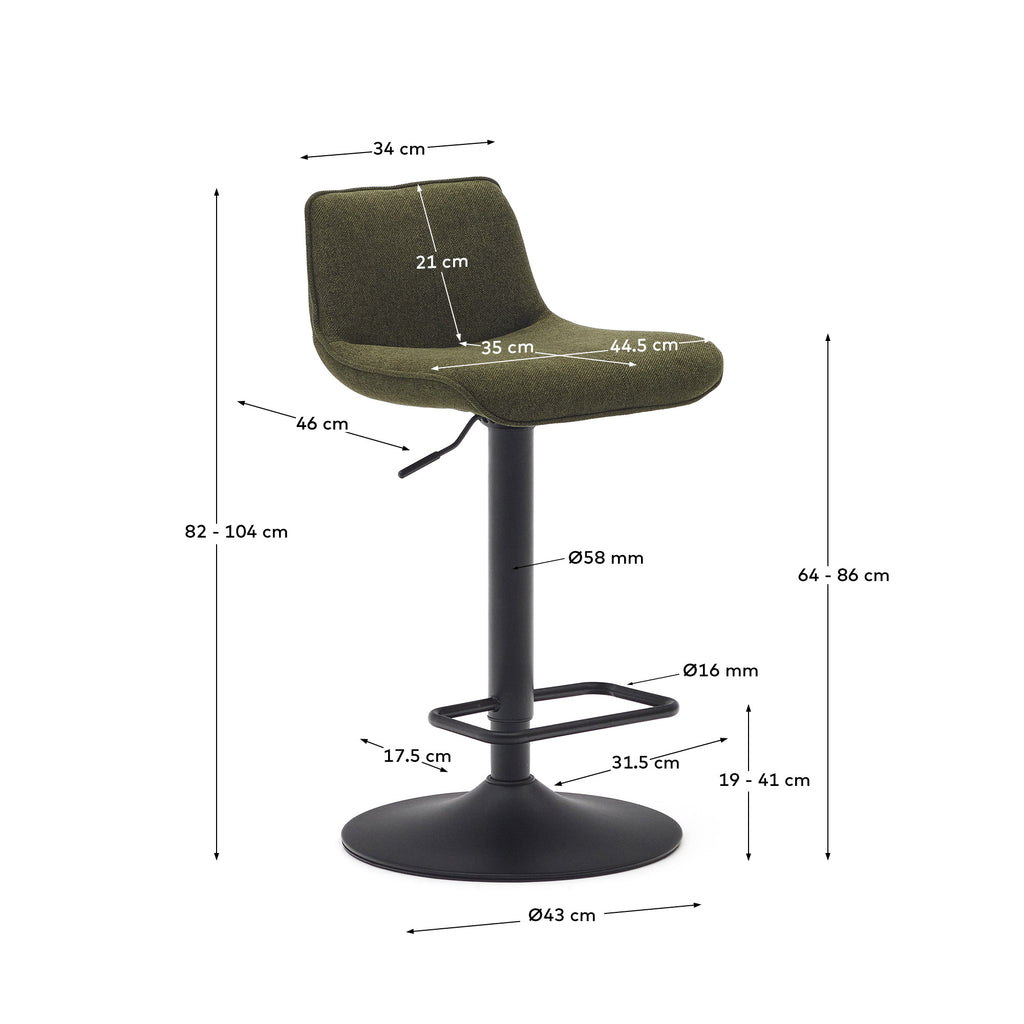 Tabouret Zenda en chenille vert foncé et acier noir mat hauteur  81-102 cm FSC 100%