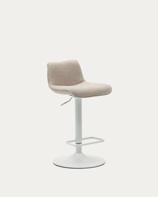 Tabouret Zenda en chenille beige et acier blanc mat 81-102 cm FSC 100%